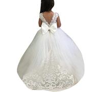 Aibaowedding Abito da Bambina con Ricamo in Pizzo, Schiere, Scollo a V, Schiena Scoperta, con Gonna Svasata, 4-5 Anni