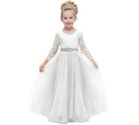 Aibaowedding Abito da bambina in pizzo con scollo a V, in tulle con fascia per la prima comunione, elegante abito lungo