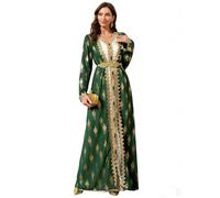 Aibaowedding Elegante abaya da donna in 2 pezzi, con ricamo dorato e cintura, abito arabo, musulmano, Dubai, Islam, Marocco, per feste del Ramadan, verde scuro, XL