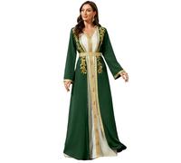 Aibaowedding Elegante abaya da donna in 2 pezzi, con ricamo dorato e cintura, abito arabo, musulmano, Dubai, Islam, Marocco, per feste del Ramadan, verde, S