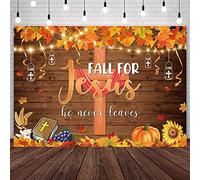 AIBIIN 2,1 x 1,5 m Fall for Jesus Sfondo He Never Leaves Photography Sfondo Autunno Autunno Rustico Legno Ringraziamento Decorazione Forniture Foglie d'acero Zucca Party Banner