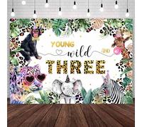 AIBIIN 2,1 x 1,5 m Giovani Selvaggi e Tre Compleanno Sfondo per Bambini Safari Giungla Animali Selvatici Terzo Compleanno Fotografia Sfondo Foglie Verdi Decorazioni per 3° Compleanno Feste Banner Foto