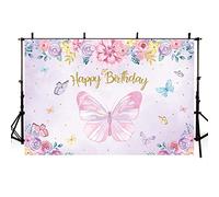 AIBIIN 2,1 x 1,5 m Happy Birthday Sfondo Farfalla Fiori Rosa Viola Fotografia Sfondo per Ragazza Donne Compleanno Decorazioni Banner Photo Booth Puntelli