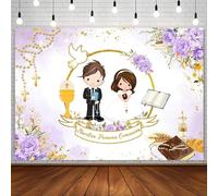 AIBIIN 2,1 x 1,5 m Mi Primera Comunione Sfondo per Gemelli, Nuestra, Primera Comunión, God Bless Battesimo Decorazione Battesimo Mi Bautizo Banner Calice Viola Floreale Fotografia Sfondo Puntelli