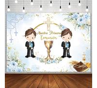 AIBIIN 2,1 x 1,5 m Mi Primera Comunione Sfondo per Twin Boys Nuestra Primera Comunión God Bless Battesimo Party Decor Battesimo Cerimonia Mi Bautizo Banner Calice Floreale Fotografia Sfondo Photo Prop