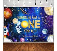 AIBIIN 2,4 x 1,8 m blu spazio esterno 1 ° buon compleanno sfondo per bambini ragazzo Houston Abbiamo un anno vecchio fotografia sfondo primo viaggio intorno al sole galassia cielo stellato Astronauta decorazione festa Prop