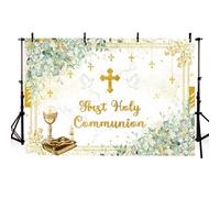 AIBIIN Fondale per Prima Comunione, Dio benedica, Battesimo, Festa, Sfondo Decorativo, Foglie, Croce Dorata, Colomba della Pace, Prima Comunione, Battesimo, Foto Booth Puntelli 2,1 x 1,5 m