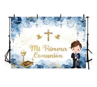 AIBIIN Mi Primera - Sfondo per comunione, prima comunione, God Bless, calice blu reale, sfondo fotografico per ragazzi, decorazione per feste di battesimo, decorazione per foto, 2,1 x 1,5 m