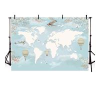 AIBIIN Sfondo con mappa del mondo di viaggio, cielo blu, aeromobili, mongolfiera, compleanno, addio al nubilato, fotografia, sfondo fotografico a tema una nuova avventura, 2,1 x 1,5 m