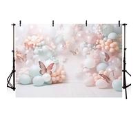 AIBIIN Sfondo fotografico con palloncini rosa e farfalle, ideale come decorazione per feste, ritratti per bambini, per studio fotografico, 2,1 x 1,5 m