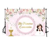 AIBIIN Sfondo per comunione La Mia Prima di 2,1 x 1,5 m per bambina, Dio benedica, prima comunione, sfondo fotografico, colombe con calice, rosa, pizzo floreale, decorazione per feste, accessori per