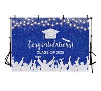 AIBIIN Sfondo per laurea blu e argento con scritta "Congratulations Class of 2025", sfondo fotografico, decorazione per feste di laurea, striscione fotografico, 2,4 x 1,8 m
