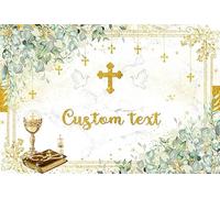 AIBIIN Sfondo personalizzato per Prima Comunione - Dio benedizione - Decorazione per festa - Foglie di verde - Croce dorata - Colomba - Prima Comunione - Accessori per fotomatone