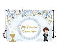 AIBIIN Telo di sfondo per la prima comunione dei bambini "Mi Primera" di 2,1 x 1,5 m, per bambini, Dio benedica la prima comunione, sfondo fotografico, colombe con calice, pizzo floreale, decorazione