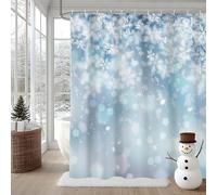 AIBIIN Tenda da doccia invernale glitterata con fiocchi di neve e ghiaccio che cadono blu e bianco, tende da bagno per l'inverno, decorazione per la casa, materiale in poliestere resistente, con 12