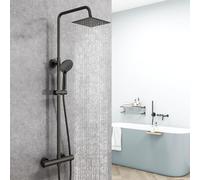AICA Colonna Doccia con Miscelatore Termostatico, Rubinetto Doccia Soffione Doccia Quadrato in Acciaio Inox 20x20cm, Doccetta Tonda da 108mm, Altezza Regolabile 735-1170mm, Set Doccia Completo Nero