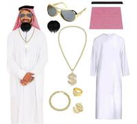 Aicerous Carnaval Costume Sceicco Arabo, Vestito Arabo, Arab Costume Set, con occhiali sole, collane, anello, barba, ideal per Carnaval, Mascherata, Cosplay (M)