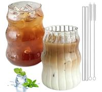 Aicharynic Set di 2 bicchieri a coste, da 530 ml, con cannucce di vetro, per latte macchiato, bicchieri da cocktail con spazzole utilizzate per cocktail, latte, acqua, soda, regalo
