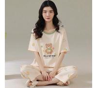 [AICJ Abbigliamento da notte] Pigiama casual e semplice da donna, pigiama a quadri blu e bianchi con orso cartoni animati per la Festa della Mamma, maniche corte e pantaloni 3/4, set da 2 pezzi, prima