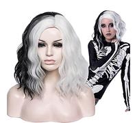 Aicos Parrucca corta nera e bianca per costume da donna, parrucca riccia spettrale per Halloween, abbigliamento quotidiano, carnevale, feste in maschera, anime cosplay, parrucca + cuffia per parrucca