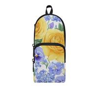 aidingzhi Astuccio con 3 scomparti, in nylon, con fiori estivi, colore giallo e viola, grande capacità, per penne e matite, cancelleria per scuola superiore