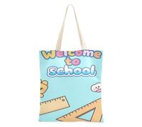 aidingzhi Benvenuti a scuola, borse di tela blu con cartoni animati, grande capacità, da donna, per lavoro, progetti fai da te, shopping, 40,6 x 38,1 cm, essenziale per la scuola