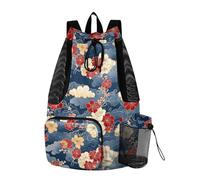 aidingzhi Blu e Oro Giapponese Vintage Fiori Coulisse Borse Da Spiaggia Stringa Indietro Borsa Con Porta Bottiglia D'acqua Secco Separ