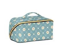 aidingzhi Blue Cute Cartoon Piccoli Fiori Bianco Cosmetici Borse con divisori Capacità Portatile Viaggio Cosmetic Bag con Scomparti & Maniglia