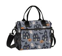 aidingzhi Borsa per il pranzo con motivo di Halloween con case infestate su grigio con tasca laterale borsa per il pranzo con portabottiglie con tracolla per insegnante scuola materna M