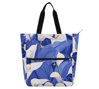 aidingzhi Borsa per libri artistica, per bambini, donne, uomini, natura, calla, giglio, blu reale, bianca, impermeabile, per biblioteca, libri, shopping bag con manici con cerniera, per scuola