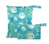 aidingzhi Borsa riutilizzabile per costume da bagno Confezione da 2 elementi essenziali da viaggio per volare con manici per viaggi, yoga (Cartoon Puffer Fish Light Blue)