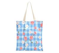 aidingzhi Borsa tote in tela con piccoli fiori a scacchi blu chiaro rosa borse di tela riutilizzabile con manici per la spesa e il mercato degli agricoltori 40,6 x 38,1 cm essenziale per la scuola
