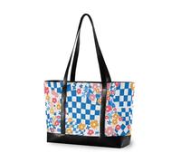 aidingzhi Cartella moderna con fiori colorati blu a scacchi per le donne con cerniera insegnante tote bag per il volo con pannolino