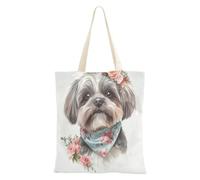 aidingzhi Dipinto a mano Acquarello Carino Testa di Cane con Fiori Borsa di Tela Media Grande Capacità Tote Bag Per Le Donne Natale Pensione Shopping Spiaggia Lavoro 40,6 x 38,1 cm Scuola Essenziale