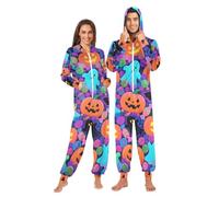 aidingzhi Pigiama da adulto 1 pezzo divertente con cappuccio costume XS, Happy Halloween Colorful Candy Fantasmi, X-Large
