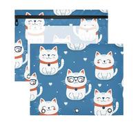 aidingzhi Trousse per cosmetici con cerniere lisce, cartelle tascabili per lettere formato A4, confezione da 2 pezzi, per studenti e ufficio, motivo gatto infantile, design azzurro cielo