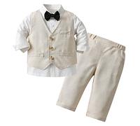 AIEOE 3 PCS Completo Neonato Maschio Battesimo Camicia + Giacca + Pantaloni + Cravatta a Farfalla Maniche Lunghe Adatto da 9-12 Mesi Beige