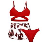 AIEOE 3 PZ Stampa Tropicale Criss Cross Bikini Set Costume da Nuoto Ragazza Bambina con Copertura Pantaloncini Bohemien 10-11 Anni Rosso