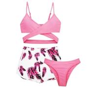 AIEOE 3 PZ Stampa Tropicale Criss Cross Bikini Set Costume da Nuoto Ragazza Bambina con Copertura Pantaloncini Bohemien 10-11 Anni Rosa
