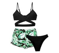 AIEOE 3 PZ Stampa Tropicale Criss Cross Bikini Set Costume da Nuoto Ragazza Bambina con Copertura Pantaloncini Bohemien 10-11 Anni Nero 01