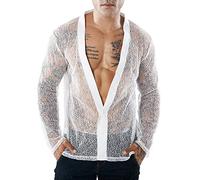 AIEOE Camicia a rete da uomo trasparente a maniche lunghe trasparente sottile e traspirante, Bianco 01, L