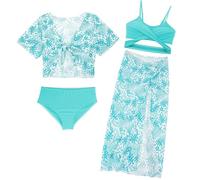 AIEOE Ragazze 4-Piece Stampato Bikini Split + Triangolo Swim Trunks + Top + Gonna Lunga Tie-Dye Floreale Boho per 12 Anni Verde B