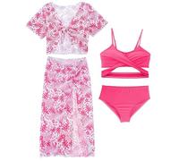 AIEOE Ragazze 4-Piece Stampato Bikini Split + Triangolo Swim Trunks + Top + Gonna Lunga Tie-Dye Floreale Boho per 12 Anni Rosa B