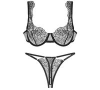 AIEOE Set di lingerie da donna, sexy, sexy, in rete, trasparente, con ferretto, tanga, fiori, ricamato, biancheria intima, 2 pezzi, lingerie in pizzo, Nero , M