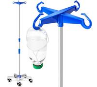 AIESI® Asta per flebo in ACCIAIO INOX con 4 ganci in plastica e ruote piroettanti con freno, Incluso 2 supporti reggiflacone da 100 ml, Garanzia Italia 24 mesi