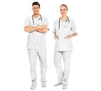 AIESI® Divisa Sanitaria Uomo Donna in Cotone 100% sanforizzato Pantaloni e Casacca Scollo a V, Taglia M Bianco