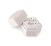 AIEX Scatola per anelli in velluto, per gioielli con doppia fessura esagonale, scatola per anelli di fidanzamento, cerimonia, matrimonio, San Valentino, con 2 anelli (beige)