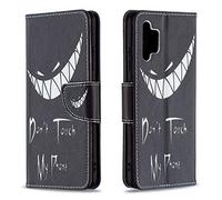 AIFILLE Nero Cover a Libro per Samsung A32 4G 2021 Don't Touch My Phone Modello Denti Bianca Custodia in Pelle PU e Silicone TPU Morbida Rigida Portafoglio Uomo Design Flip Accessori per Cellulari