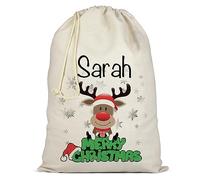 AIGAT Personalizzato e Individuale Nome Testo Stampa in Cornice su Babbo Natale Sacco di Cotone Naturale Extra Large con Coulisse per i Regali di Natale - Renna Merry Christmas