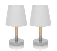 Aigostar 2 Pezzi Lampada da Tavolo, Piccola Lampada da Comodino in Legno, Lampada da Scrivania con Paralume in Tessuto Grigio e Base in Metallo, Portalampada E14, Vintage per Camera, Soggiorno